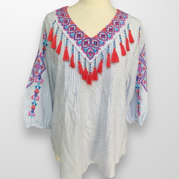 Chico's Tops - Chico's‎ Size 2 Large Top Tunic Blouse Embroidered Beaded Tassels Pleated 3/4 Sl